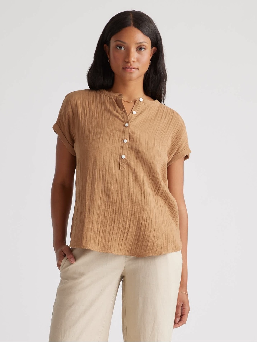 Quince Tan Short Sleeve Button-Down Cotton Gauze Top